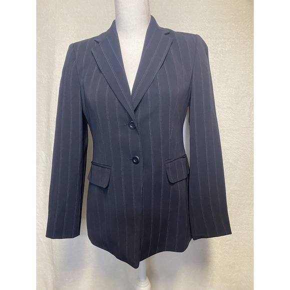Liz Claiborne Women's Navy Blue Striped Lined Petite Blazer Jacket Size 4P - Picture 1 of 9